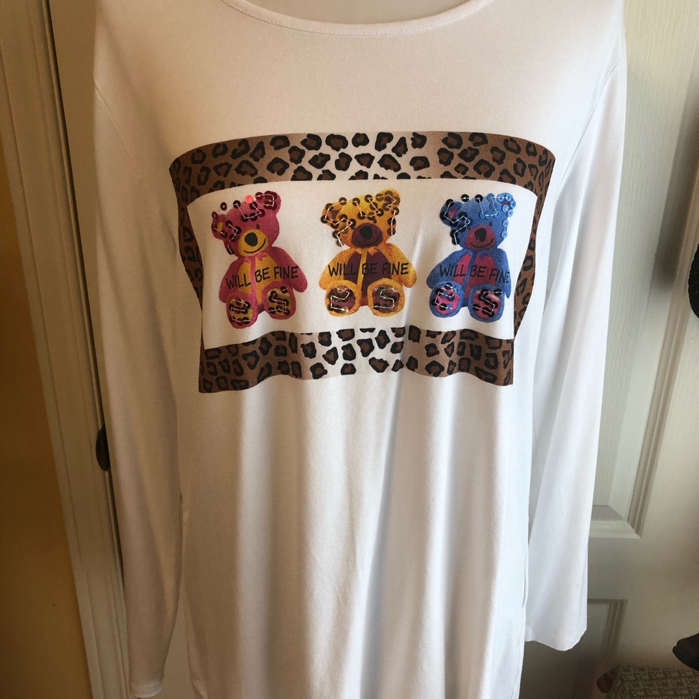 Tricotto White Long Sleeve Tee with Pink, Yellow & Blue Teddy Bears